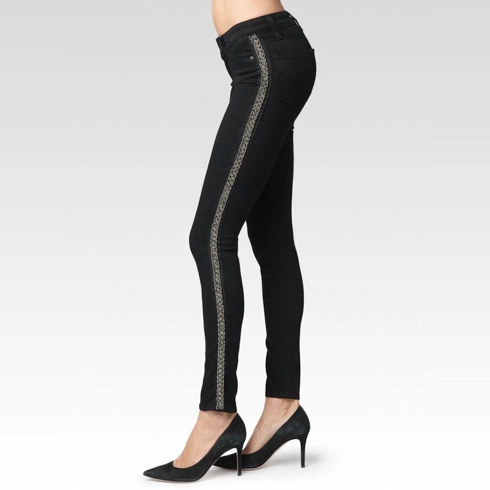 Paige Verdugo Ultra Skinny Tuxedo Side Beading Jeans size 27 Black/Pewter